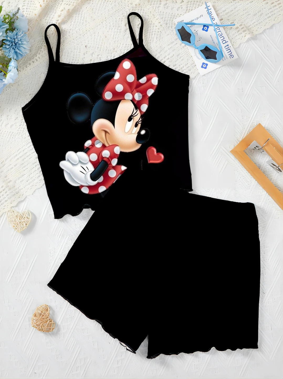 Lettuce Trim Disney Mickey Women's Suit Slip Dress Top Short Sets T-shirt Pajama Skirt Minnie Mouse Pieces Elegant Disney Mickey