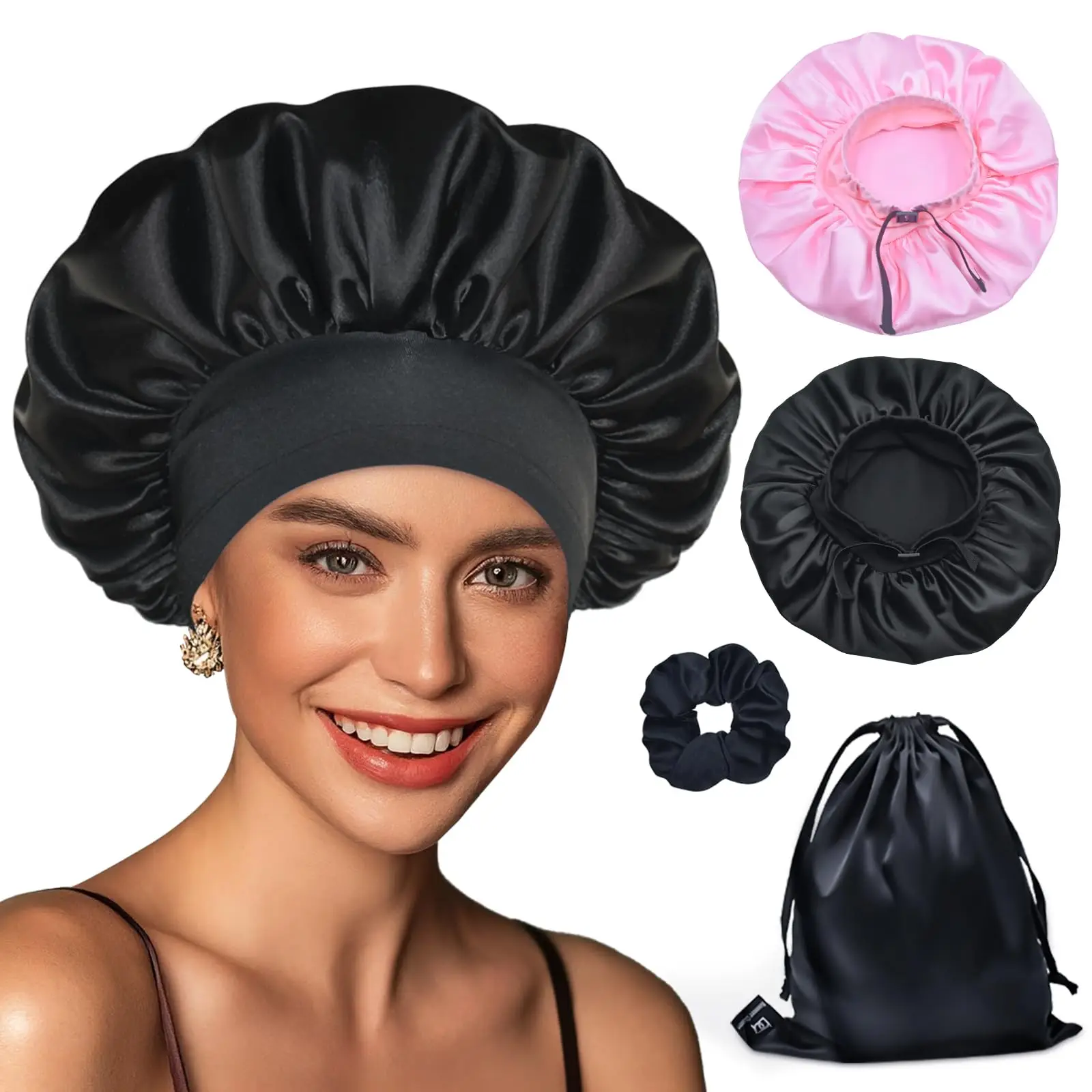 BONNET QUEEN  Silk Bonnet for Sleeping Satin Adjustable Elastic Hair Sleep Cap Night Hat Women Curly