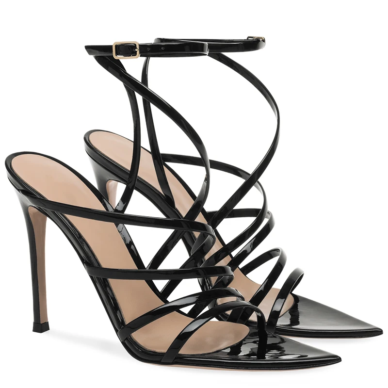 

2022 Women's Pointed Toe Strappy Summer Sandals Black Patent Leather White Wedding Shoes Party High Heels Plus Size Stilettos