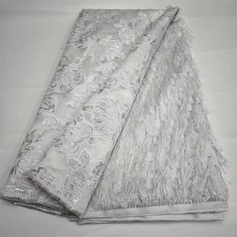 Latest French Jacquard tassels  Lace Fabric 2024 White Best African Brocade Lace Fabric for Women Midi Party Prom Dresses