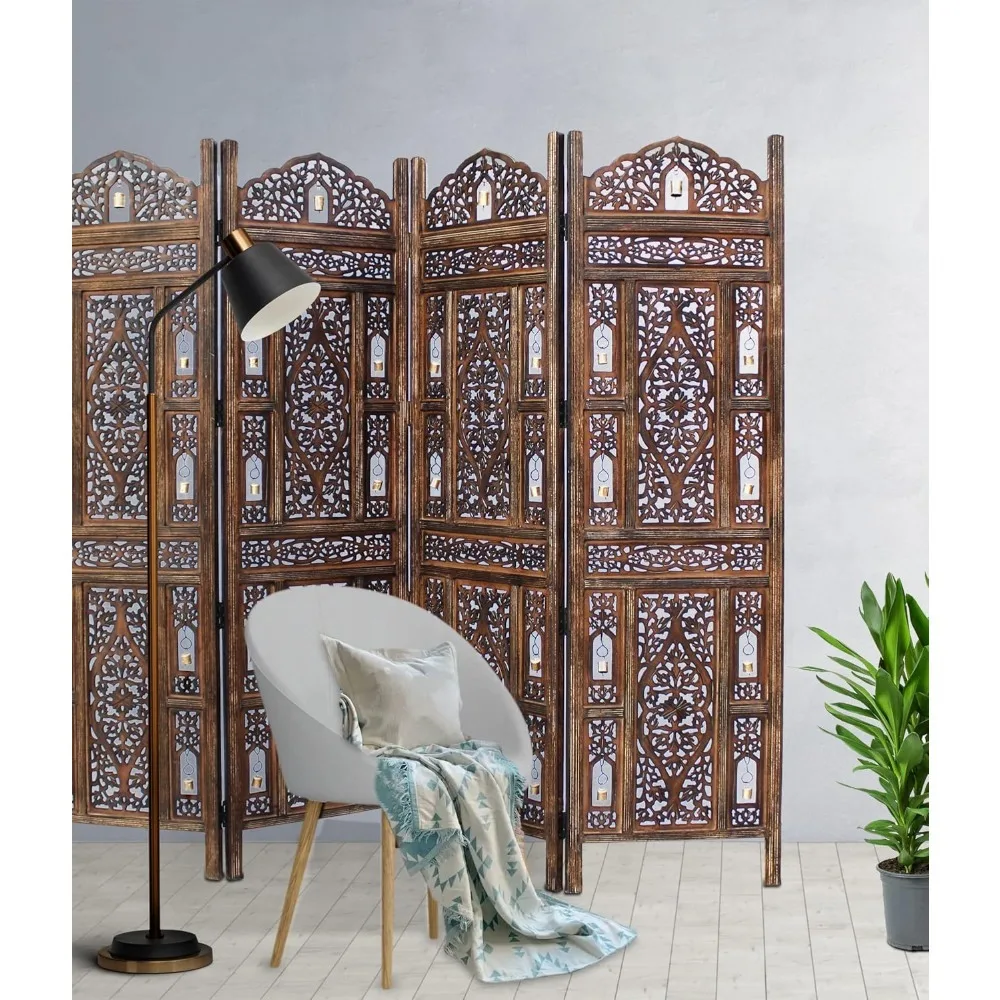 Room Divider, Wood Screen, 4 Panel Folding 72 x 80 - Intricate Hand Carved Decorative Partition, Portable Privacy Partition