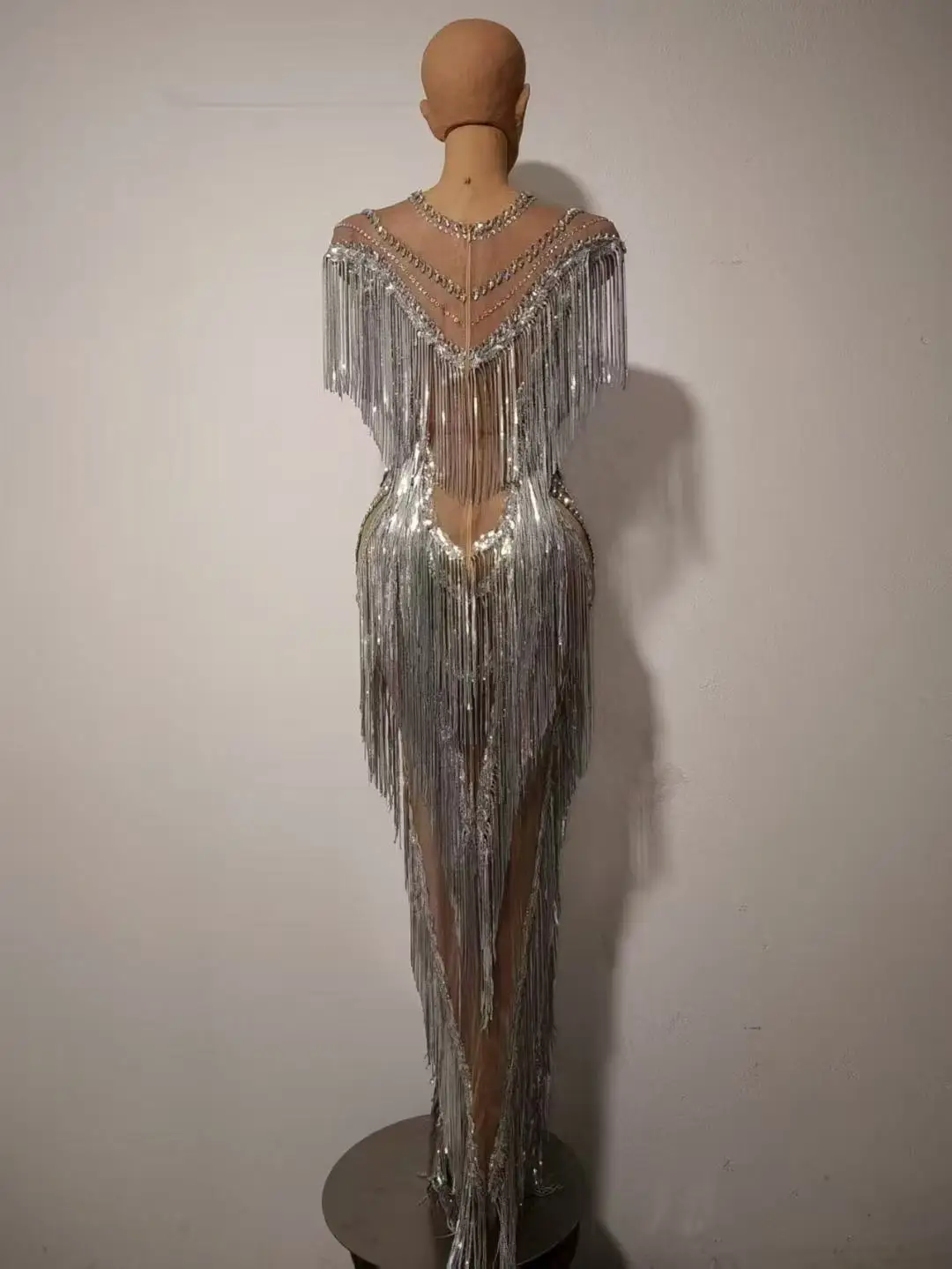 Luxury Sparkly Diamonds Tassels Sexy Mesh Sheer Long Dress Women Evening Birthday Party Nightclub Festival Photoshoot Stage Wear