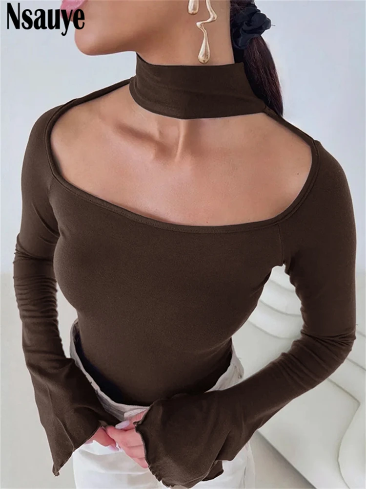 

Nsauye 2025, зимняя сексуальная облегающая футболка с длинным рукавом Y2K, базовая повседневная футболка с лямкой на шее, элегантные клубные мини-укороченные топы, уличная модные футболки