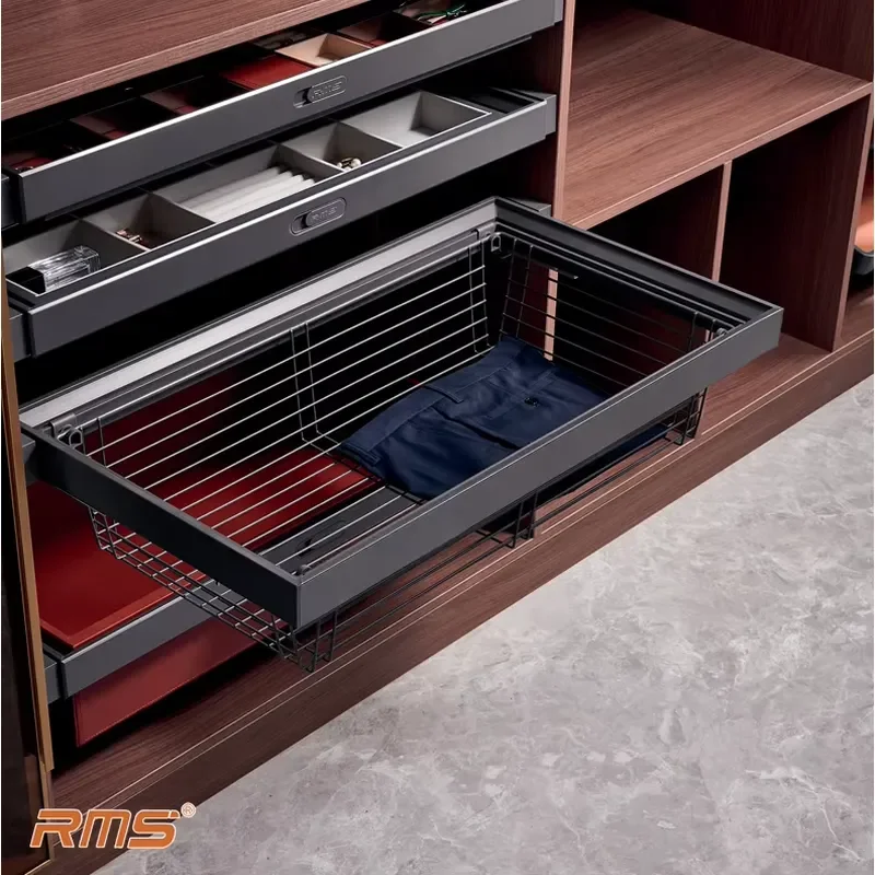 Soft Close Wire Pull Out Basket Adjustable Width Square Clothing Storage Organizer For Wardrobe Closet Drawer System Home