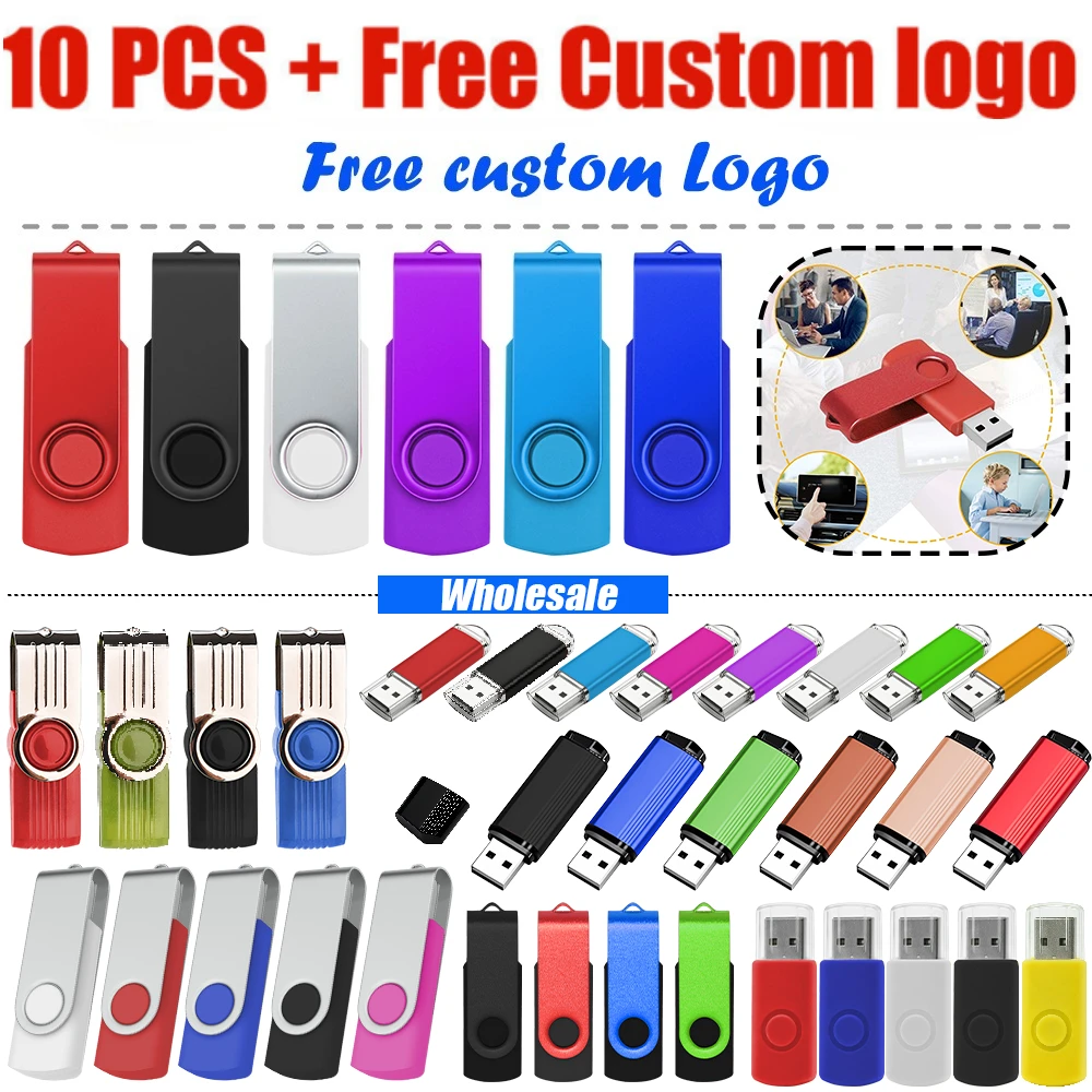 10pcs/lot Free Custom logo Swivel USB Flash Drive High Speed Drive 16GB 32GB Pen Drive 64GB 128GB 2.0 Marriage Gift USB Stick