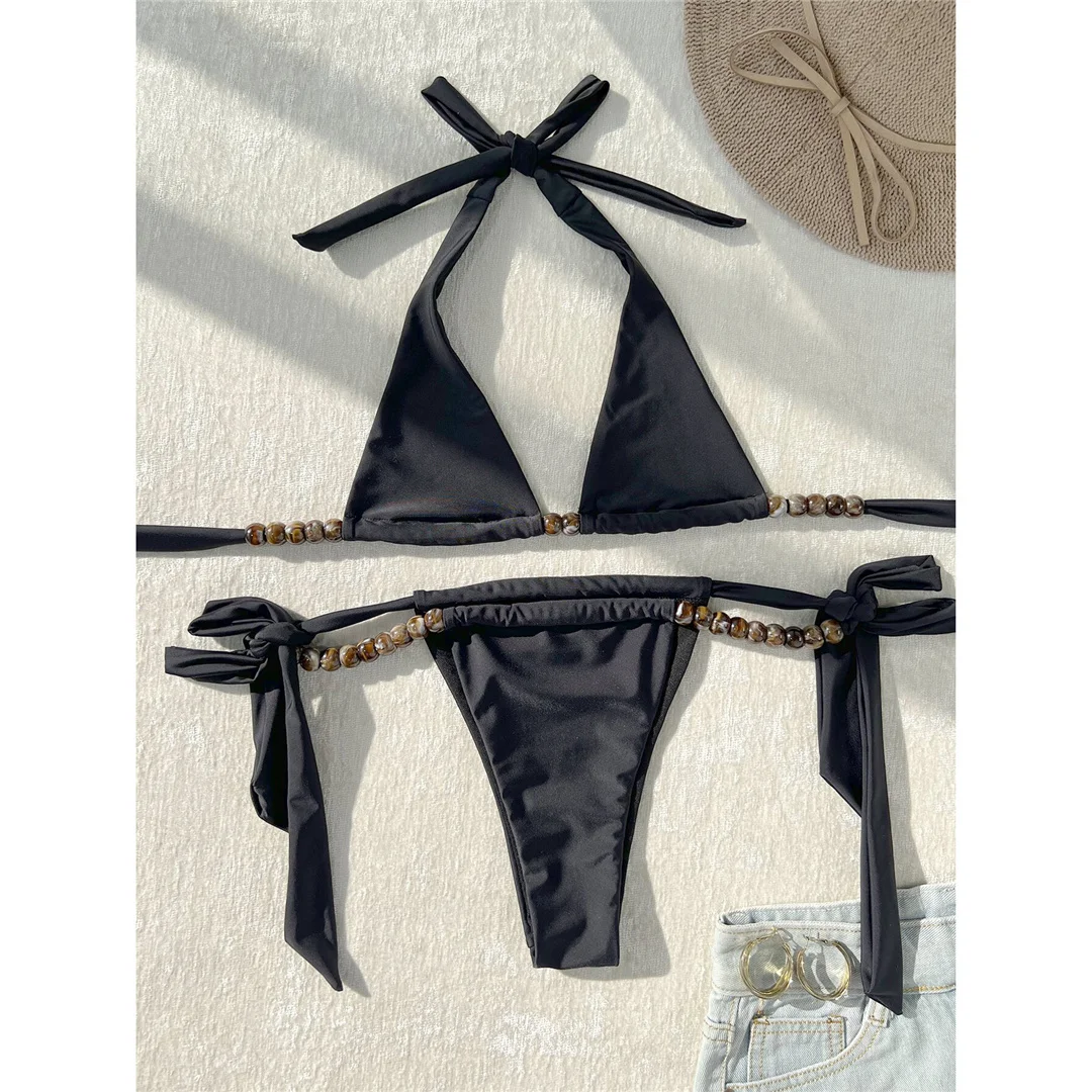 Neuer Bikini mit Perlen, Neckholder, hohem Beinausschnitt und Riemchen, Damen-Badeanzug, zweiteiliger Bikini-Set, Badebekleidung, Badeanzug, Schwimmbikini V6434 – Detail 6