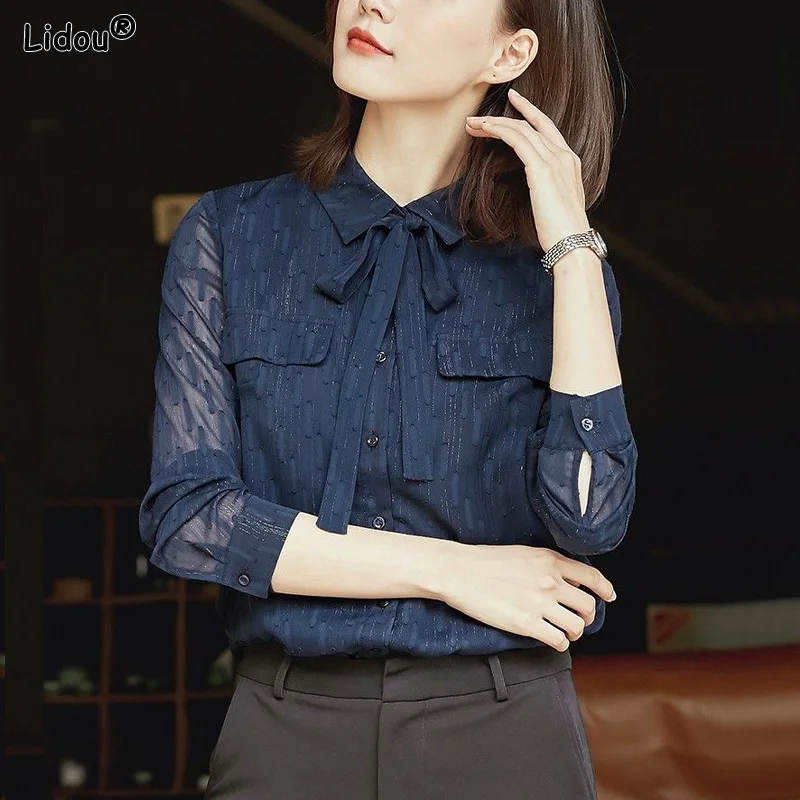 

Thin Solid Button Elegant Korean Formal Women's Clothing Casual Blouses Office Lady Loose Turn-down Collar Lacing Spring Summer