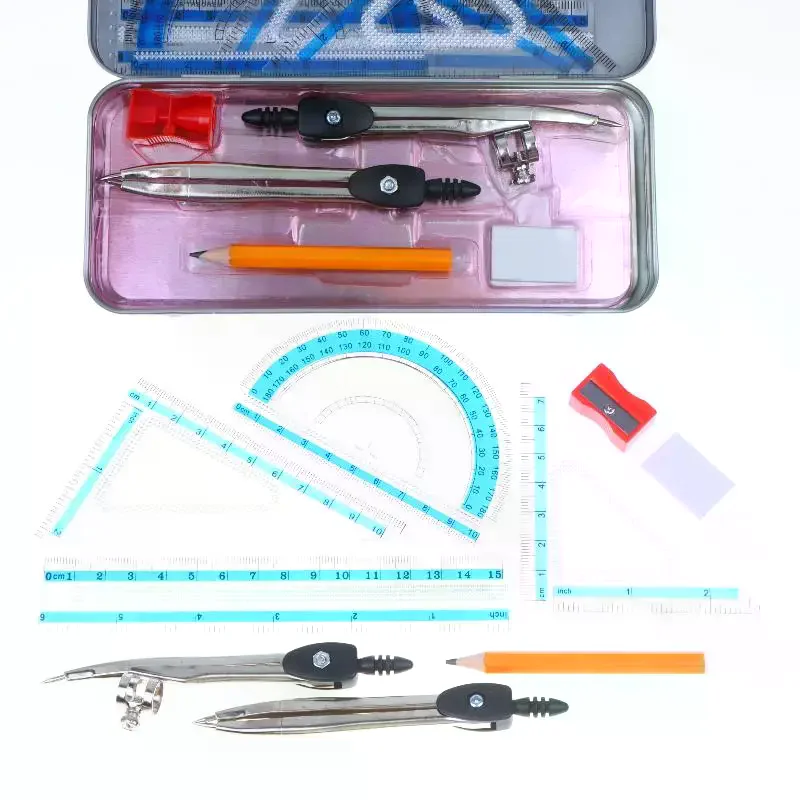 [9Pcs] Multi-functional Mathematical Drawing Compass Kit Compasses And Rulers Set Kawaii Triangle Ruler Ruler Student Sets Ruler