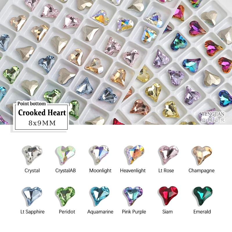 Hot 8x9MM Crooked Heart Pointed Bottom Rhinestone K9 Glass Manicure Crystal Nail Art Rhinestone Stone 3D DIY Decoration Diamond