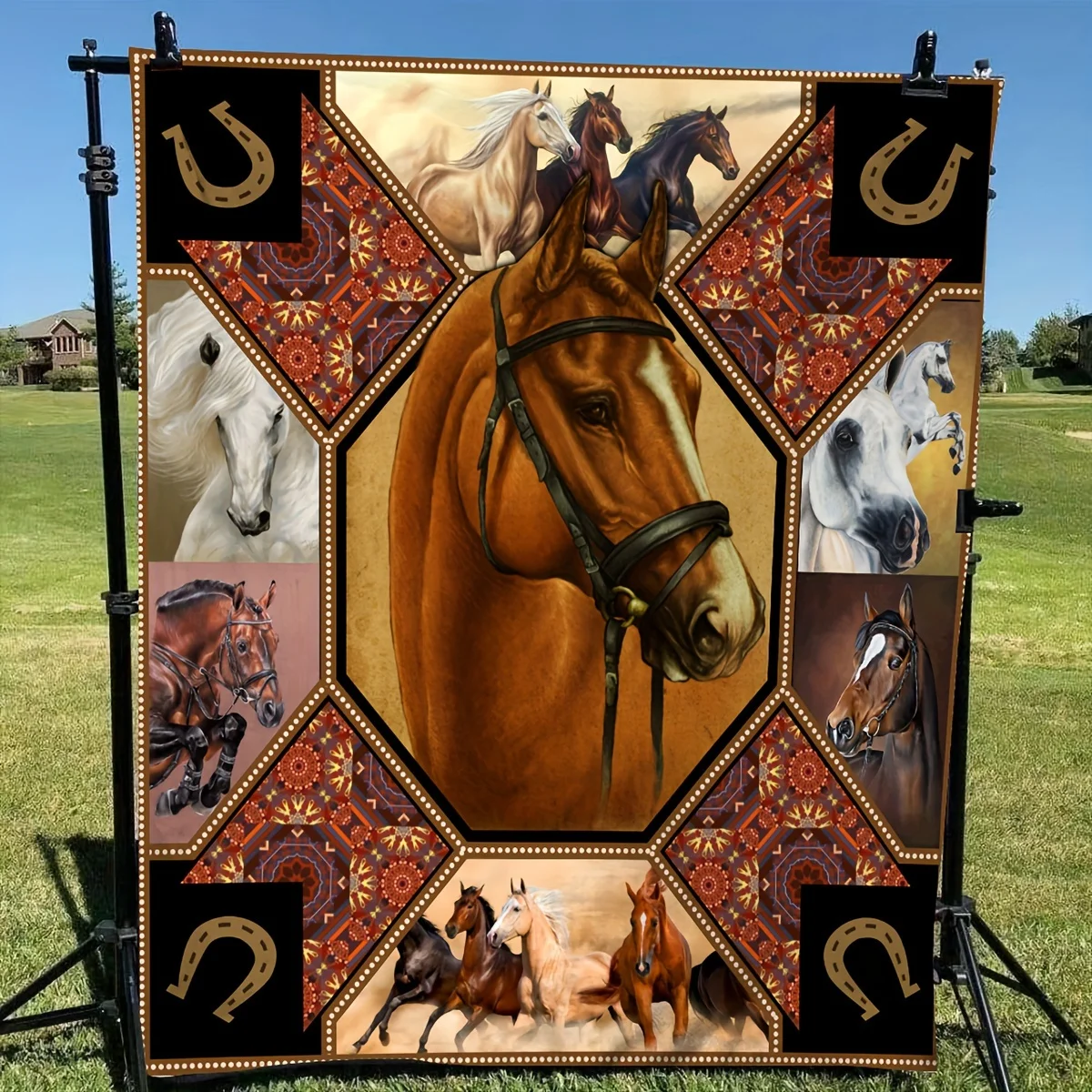 Horse Blanket Equestrian Horseshoe Patchwork Fleece Throw Soft Warm Bedding Sofa Cover Animal Art Tapestry Home Decor Gift