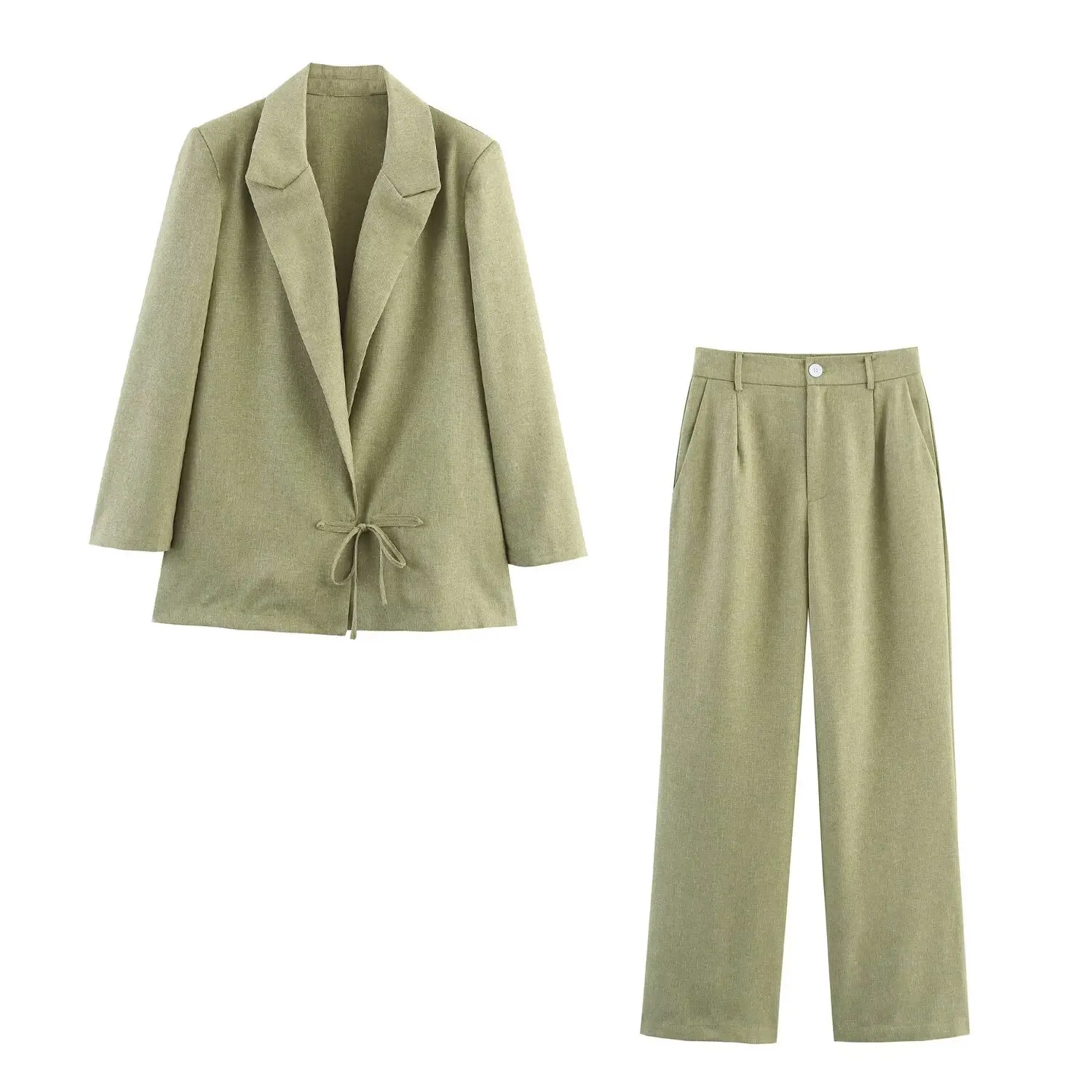 

Solid Textured Suit Pants Sets Women Autumn Long Sleeve Lace-up Lapel Collar Blazer Outerwear Simple Casual Thin 2 Piece Set New