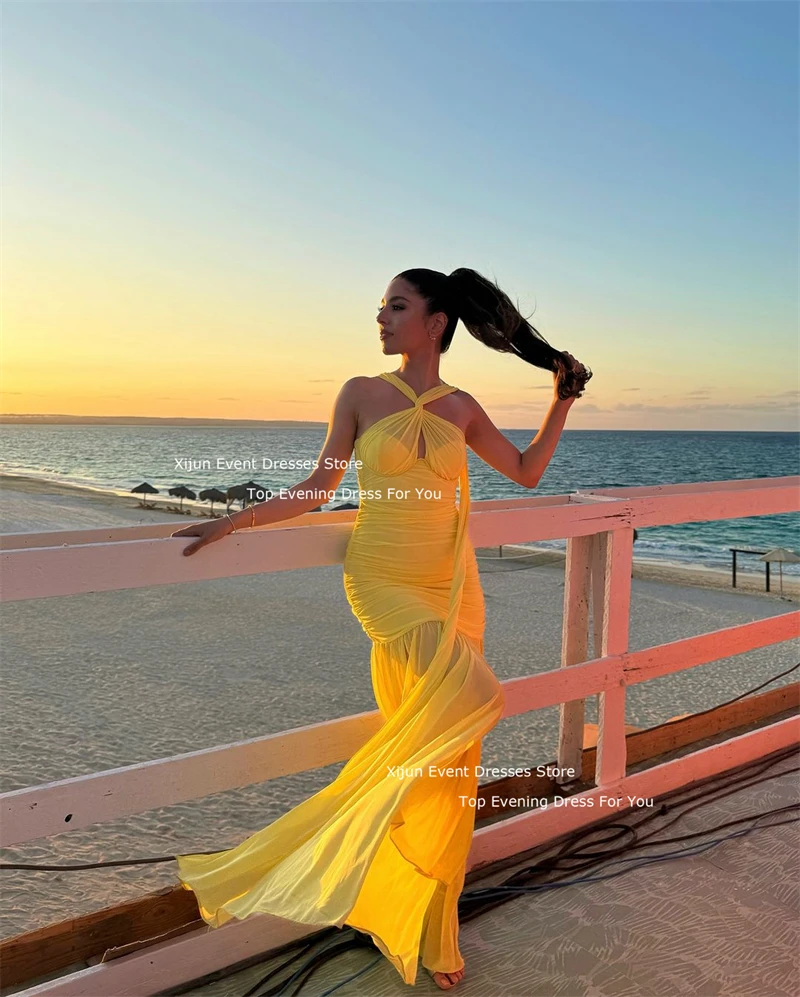 Xijun Baby Yellow Chiffon Evening Dresses Ruched Elegant Prom Dresses Pleated Side Slit Backless Beach Prom Gowns Saudi Arabric