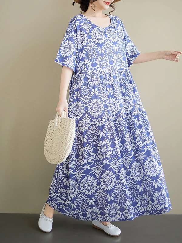 

Bohemian Casual Vacation Simple Print Mid-Late Year round Neck Short Sleeve Loose A-Line Dress Extra Large Cotton Summer Dress