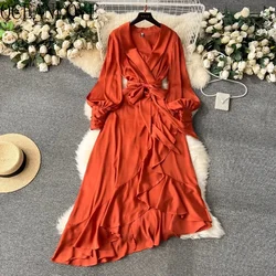 OCEANLOVE Irregular Long Dresses Solid Office Lady Ruffles Elegant Spring Autumn Vestidos Mujer Fashion Simple Women Dress