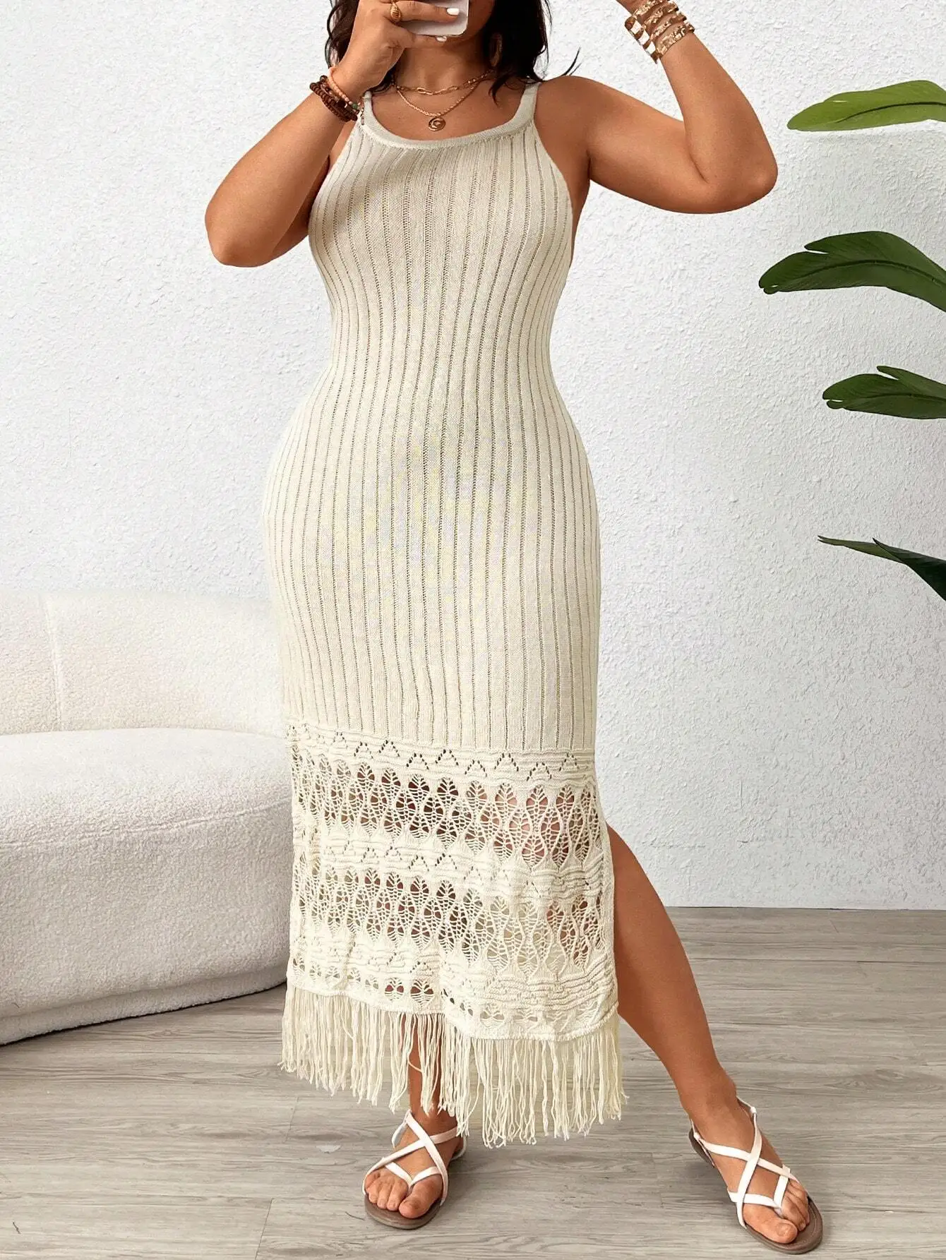 

Knit Sleeveless Dress With Lace Fringe Hem And Side Split