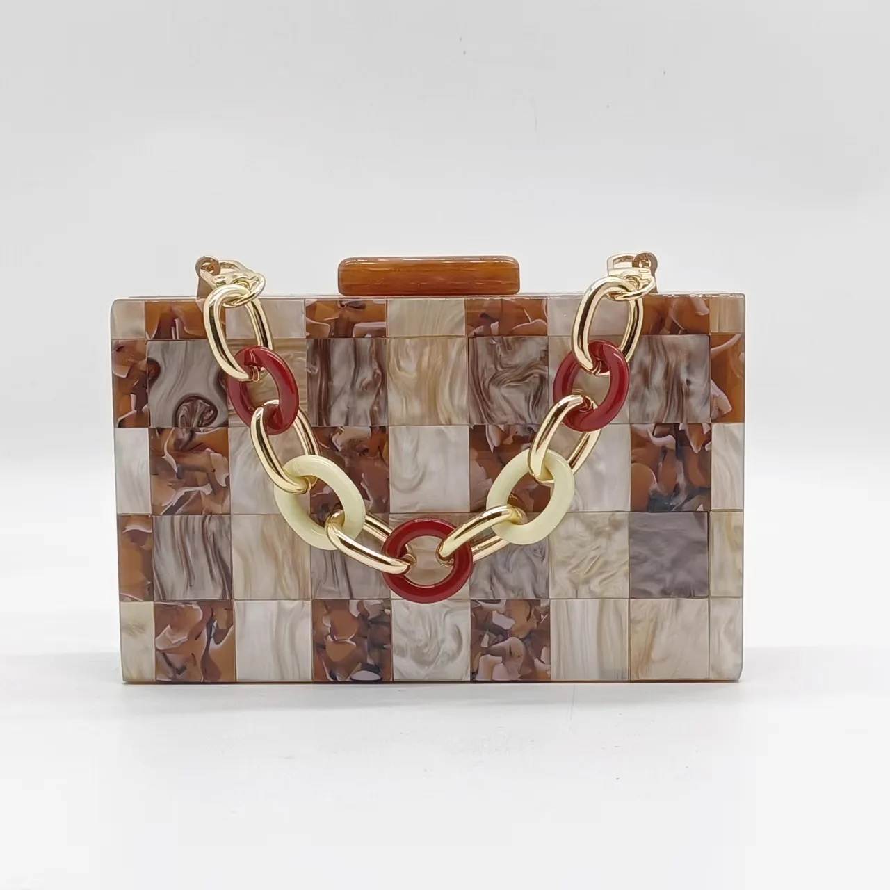 

Multicolor Spliced Acrylic Chain Women's Clutch Evening Bag with Checkered Pattern for Single Shoulder or Crossbody Use