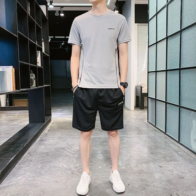 Summer Korean Loose Sports Set Men Solid Embroidery Round Neck Short Sleeve T-shirt Running Casual Elastic Waist Pocket Shorts