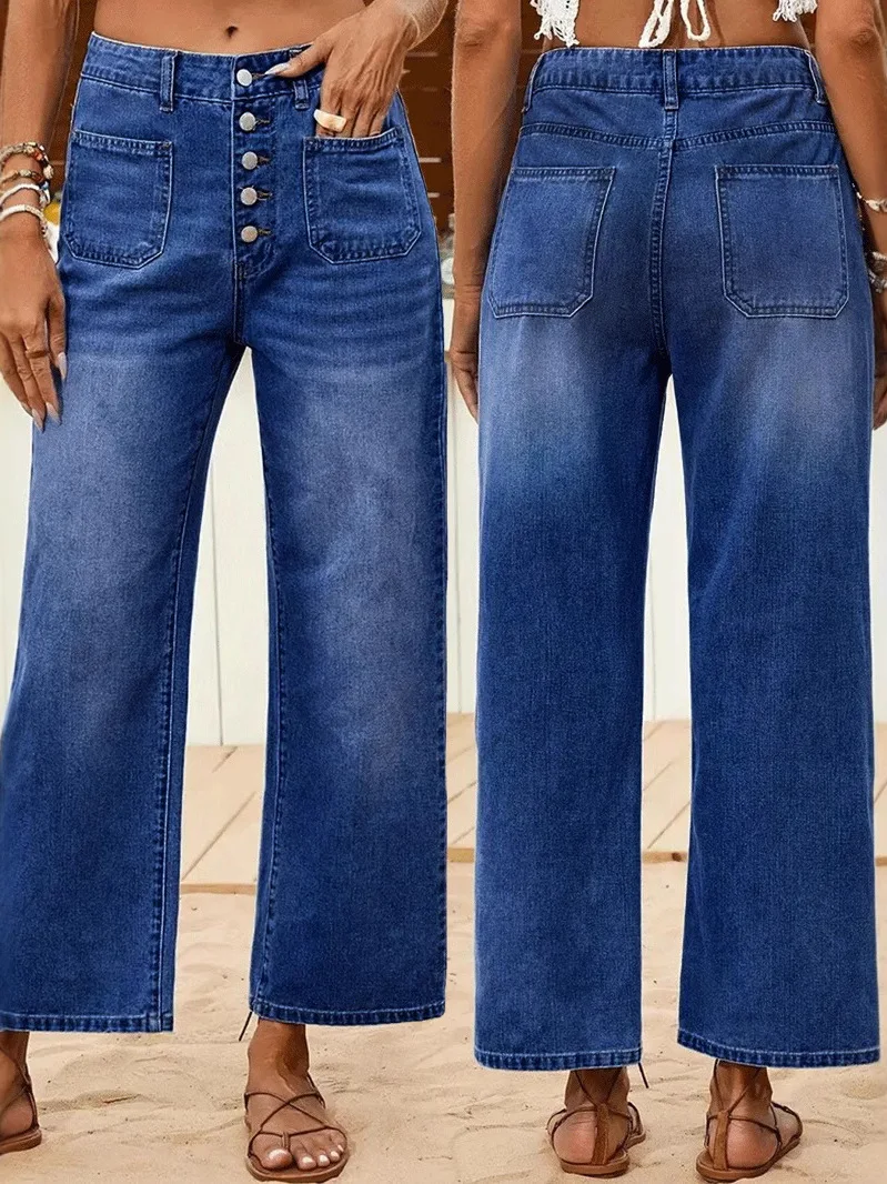 

Women's Elastic Loose Button Crop Jeans l Waist Straight Leg Blue Denim Pants Flexible Comfortable Fit Nine-Tenths Length
