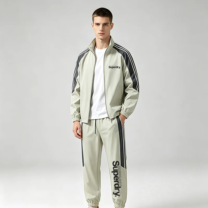 Men Tracksuit 2pc Full Zip Jacket Color Block Jogger Pants Casual Sportswear Gym Running Workout Fitness Streetwear Set