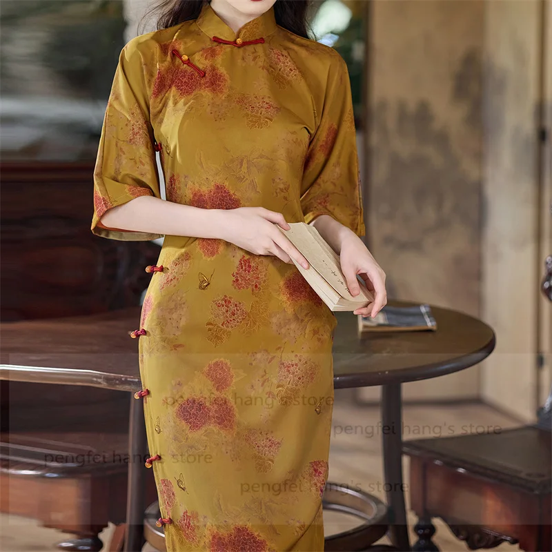 

Dark Yellow Print Cheongsam Half Sleeve Qipao Women Elegant New Chinese Style Dress Autumn New Banquet Party Gown Vestidos