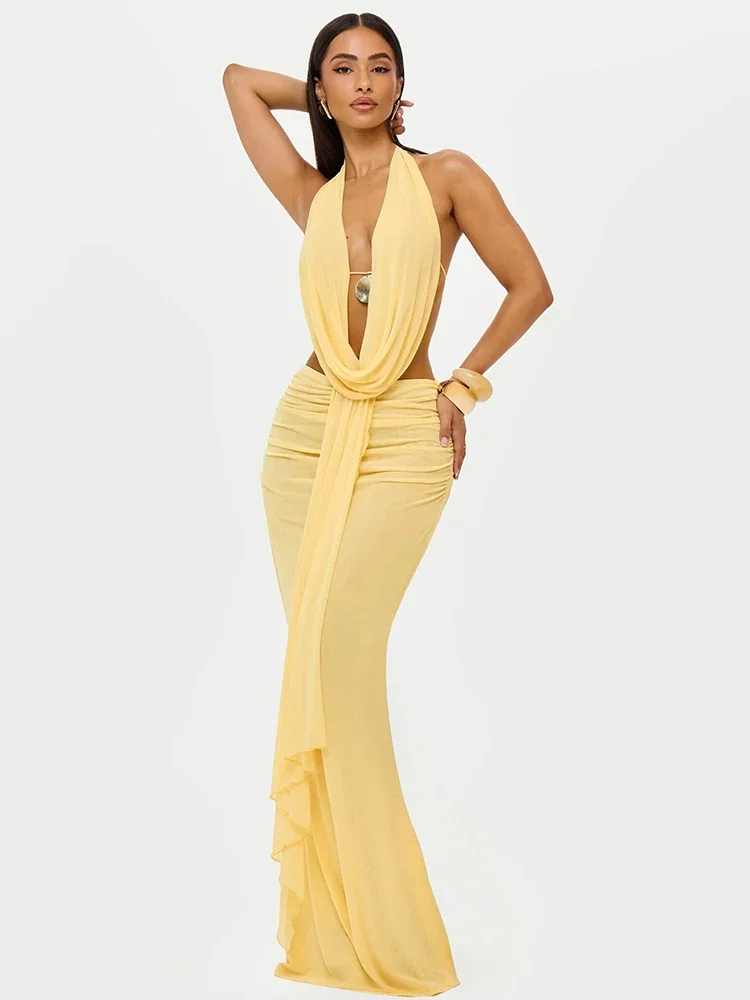 Sexy Dress Set Women Halter Crop Top And Maxi Skirt Matching Sets Female Elegant Beach Club Party Skirt Two Piece Set image 2