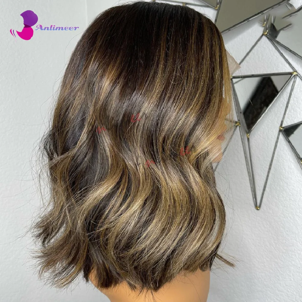 Short Bob Wig 1BT4/27 Highlight Wig Light Honey Blonde Balayage Wig Human Hair Silk Base/lace front Wig/full lace wig/360 Wig