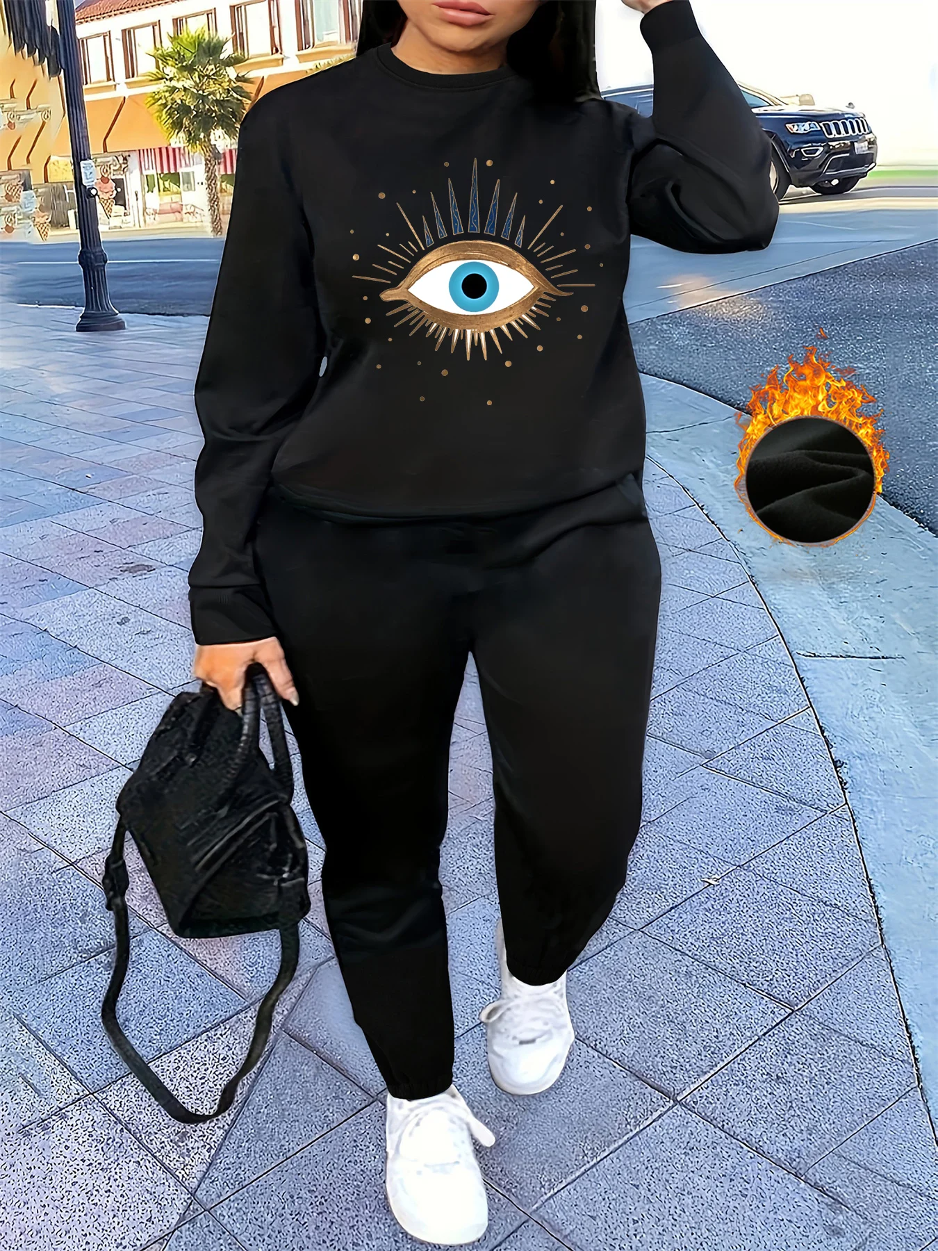 

Women's Autumn/Winter Hip Hop Casual Street Personalized Eye Pattern Printed Round Neck Sweatshirt+Sweatpants Warm Set