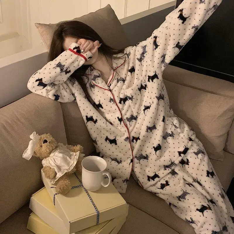

New Flannel Pajamas Set Women Winter Fleece Lined Nightwear Collar Cute Cartoon Polka Dot Homewear Girl Sleepwear Set