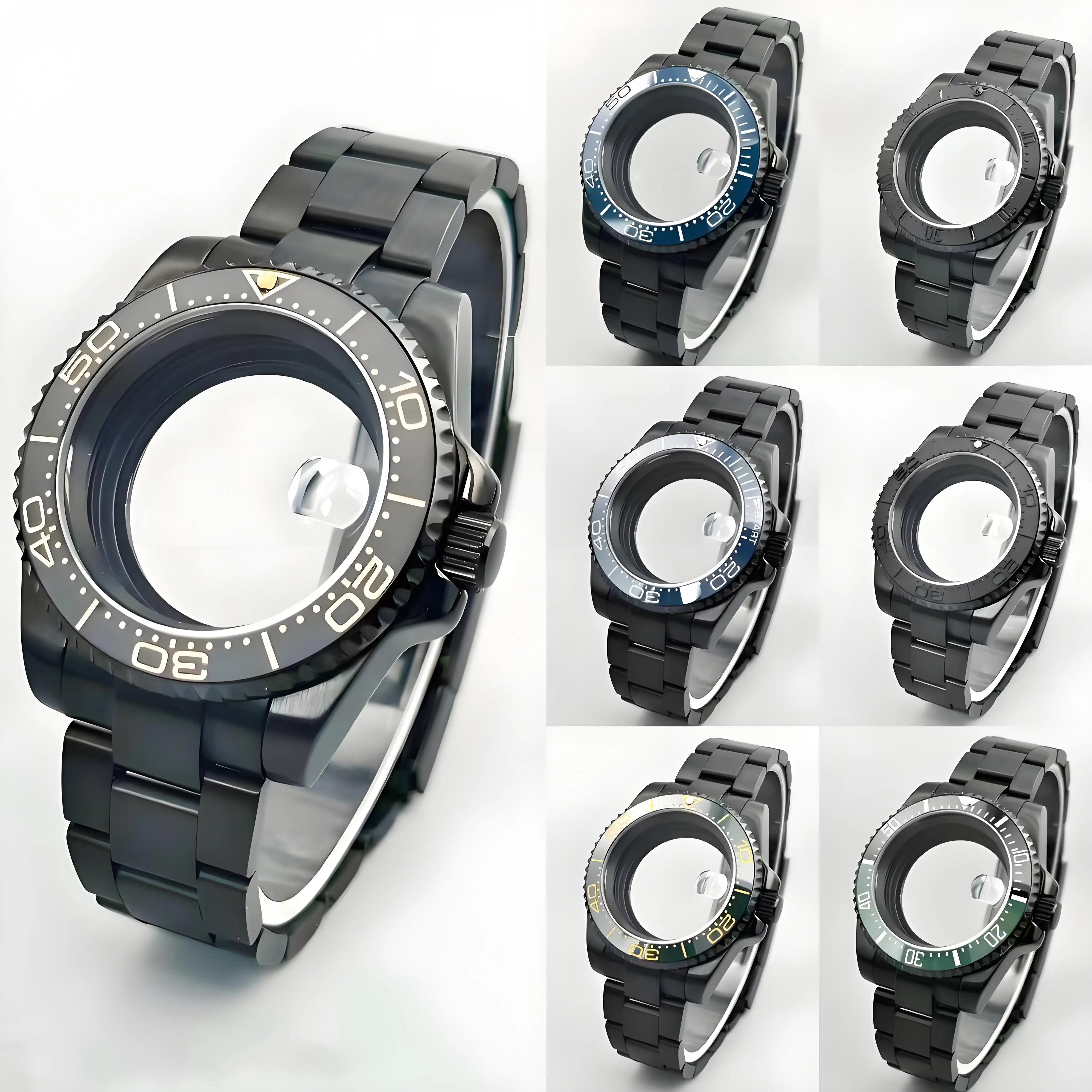 

40mm NH35 Black Watch Case and Strap Set Sapphire Crystal 120-Click Seahorse SUB Bezel For Seik Mod Parts NH34/NH35/ Movements