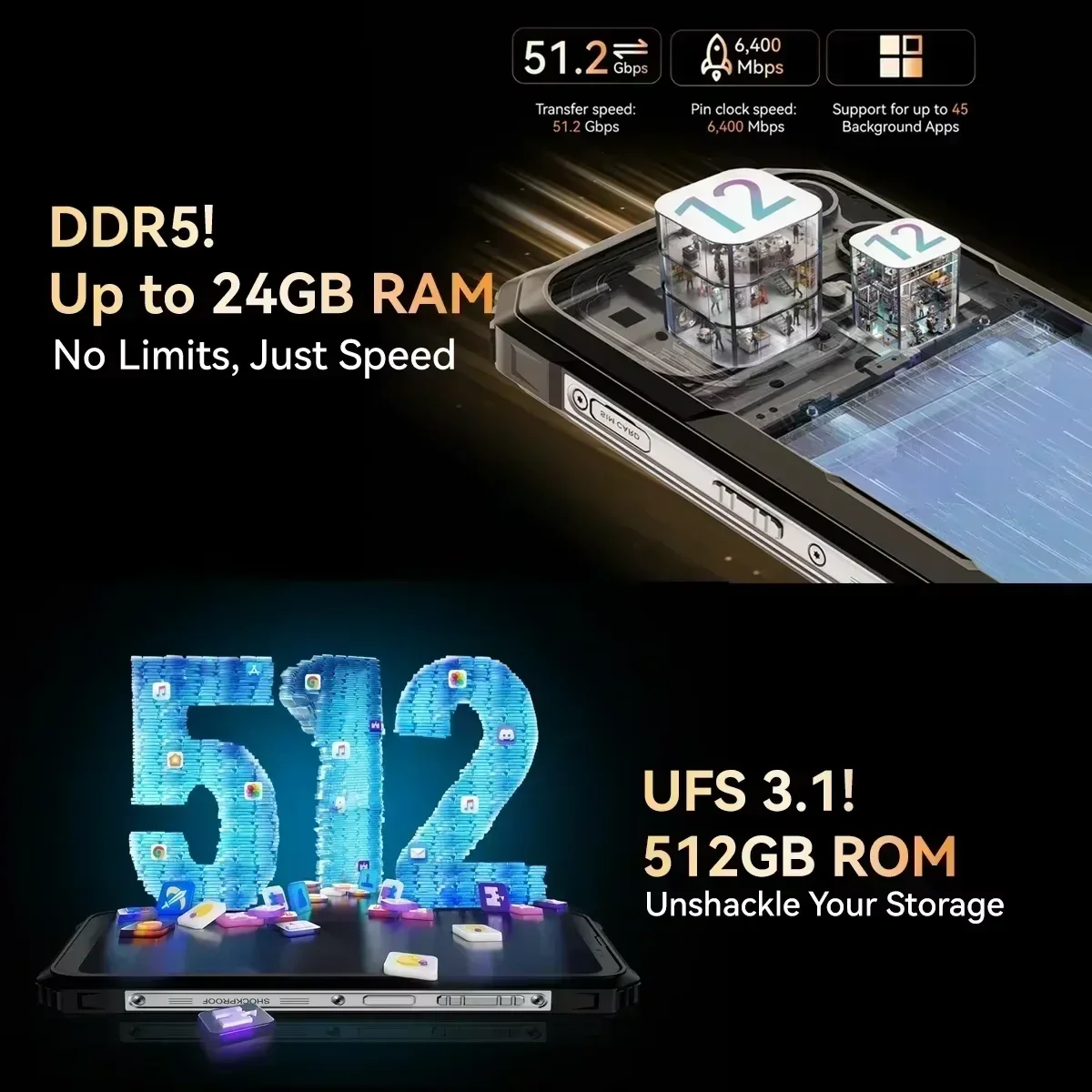 Blackview 견고한 스마트폰, 6.78 인치 2.4K FHD + 120Hz 디스플레이, MediaTek Dimensity 7050, 24GB, 512GB, 8800mAh, 33W 휴대폰, BL8000 5G