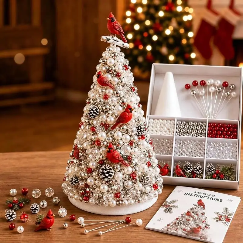 Beaded Xmas Tree DIY Kit 1 Set Colorful Beads Star Topper Tabletop Decor for Home Party Holiday Craft Gift for Kids Adult