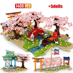 Japan Street View Building Block Japanese Cherry River Tunnel Pavilion Model City Streetscape Brick Assemble Toys With Led Light