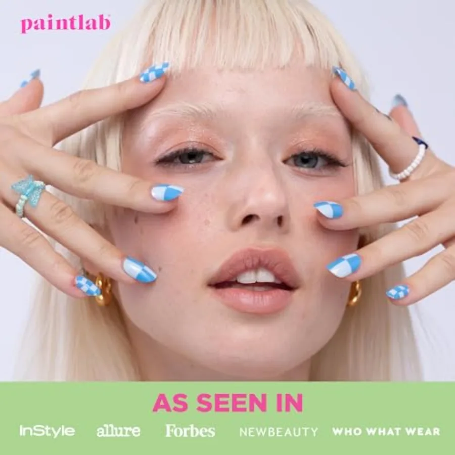 Blue Check PressOn Nails Manicure Kit for LongLasting Beauty 24Piece Set Includes Adhesive Nail File Prep Pads Cuticle Stick Pe