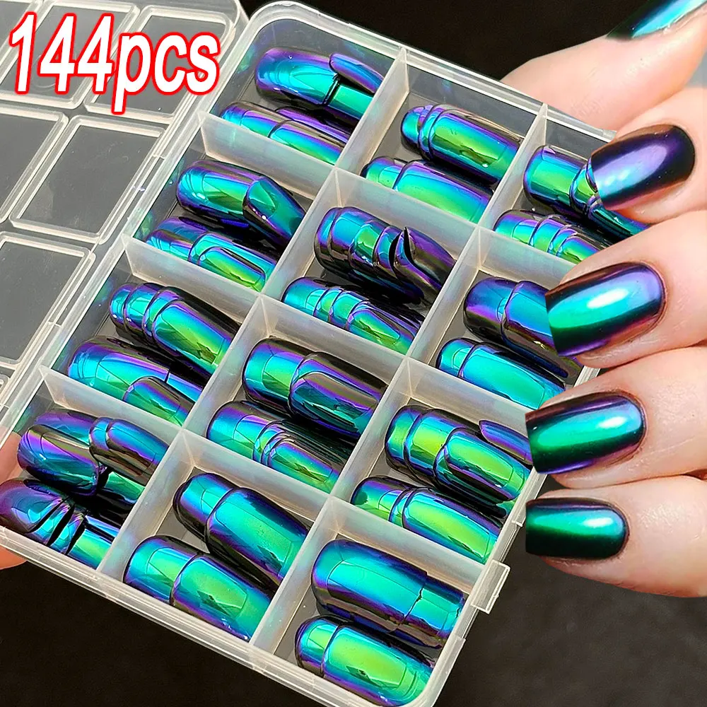 

144 шт., хромированные волшебные зеркальные эффекты, зеленые накладные ногти, голографический хамелеон, короткие квадратные накладные ногти, полное покрытие, многоразовые накладные ногти *7