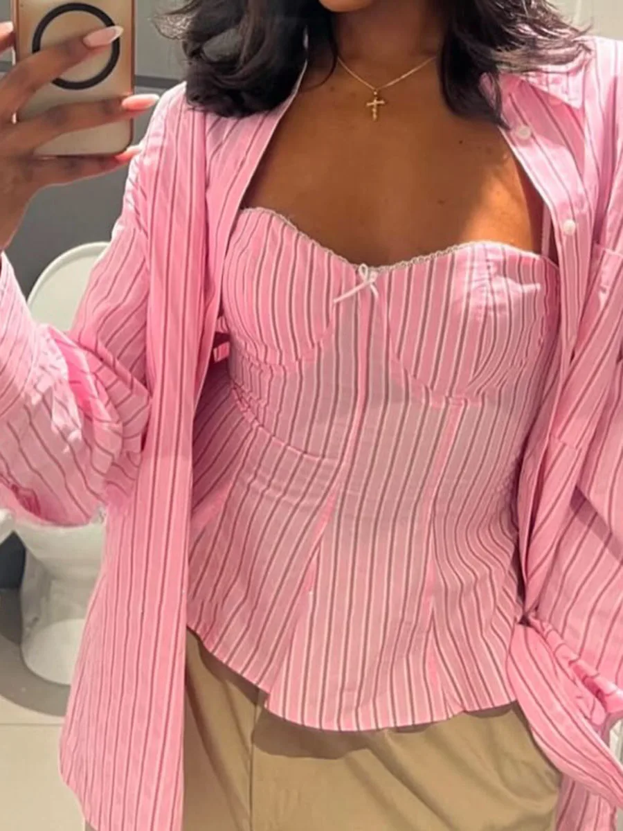 

Pink Striped Casual Pants Sets Women Spring New Lace Trim Long Sleeve Pocket Crop Tops+Bow Sleeveless Tank Tops+Belted Trousers