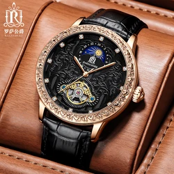 Tourbillon Automatic Watch for Men Moond Phase Mechanical Mens Watches W/ Diamond Retro 3D Engraved Rose Gold Religio Masculino