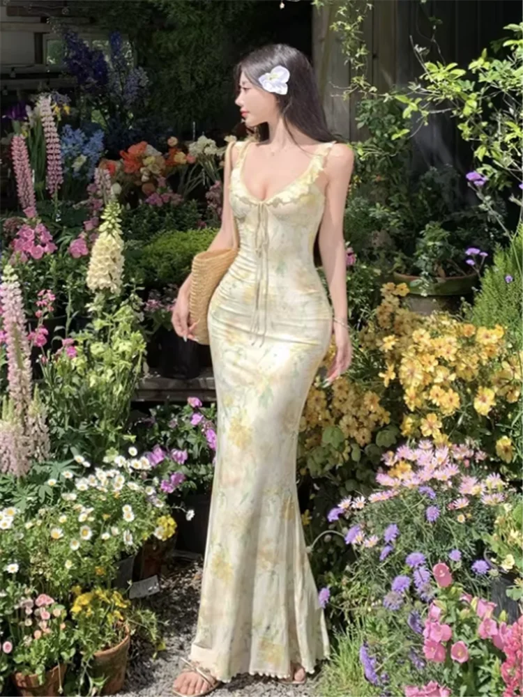 

Желтое тонкое длинное платье с цветочным принтом для отдыха на море, новое праздничное пляжное платье русалки без рукавов с оборками и V-образным вырезом на подтяжках