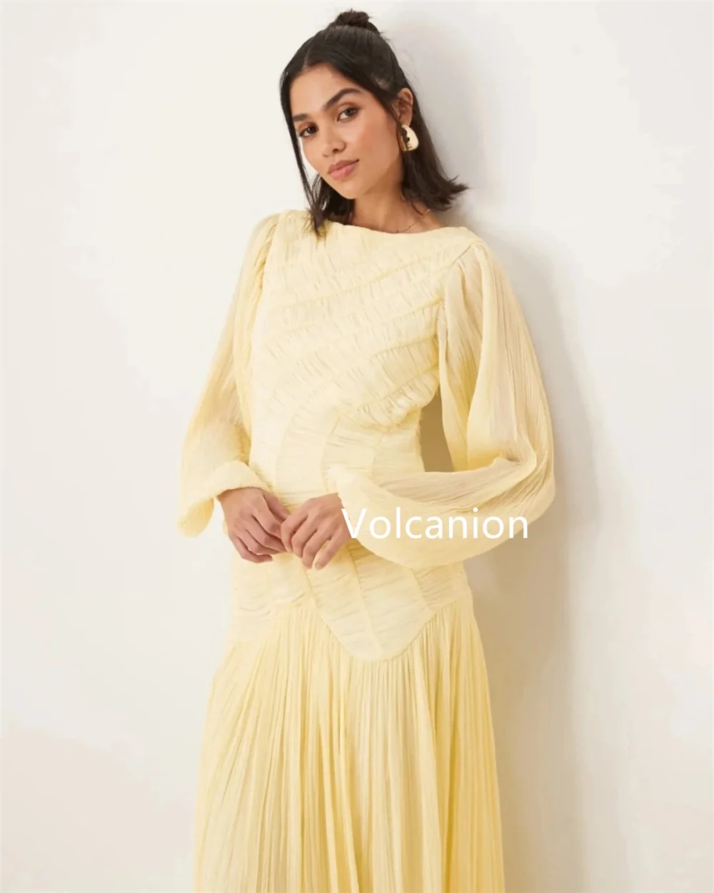 Customized Chiffon Pleat A-line O-Neck Midi Dresses Bespoke Occasion Homecoming Casual Simple Matching