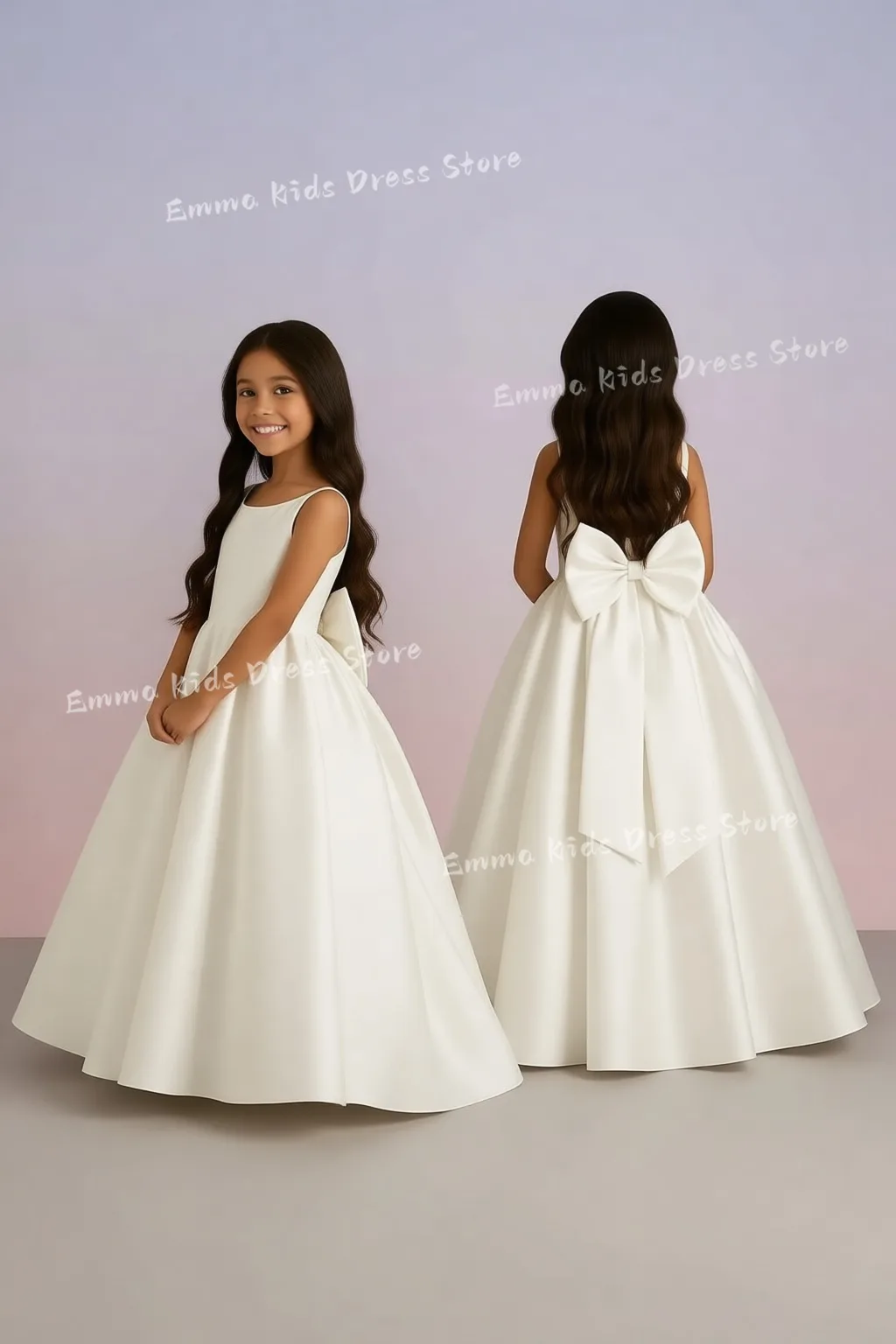 

Custom Long Ivory Satin Flower Girl Dress with Bow,WeddingPartyBirthday PrincessDressJunior BridesmaidDressFirst Communion Dress