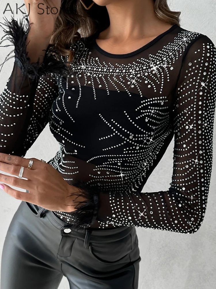 

Women Sexy Rhinestone Design Feather Trim Sheer Mesh Top