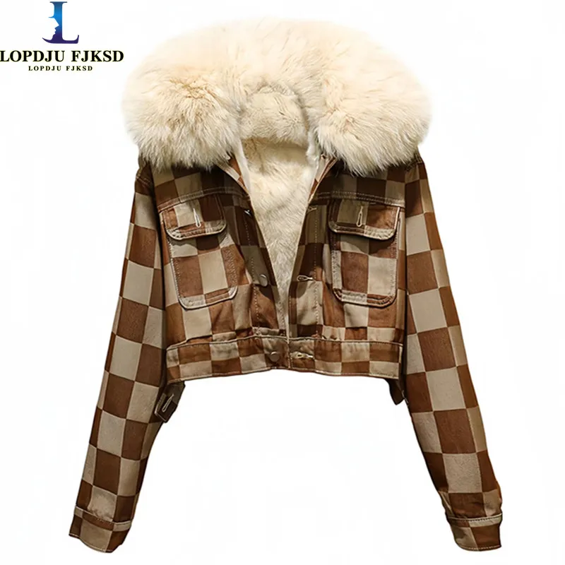 

Women's Vintage Small Fragrance Style Plaid Denim Coat, Korean Loose Single Breasted Short Real Fur Jacket, Winter Tops, 2023