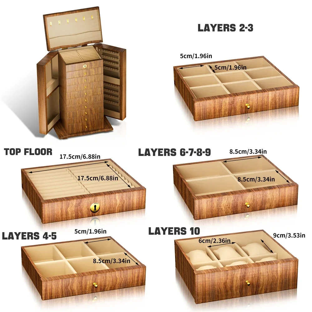 YB 10-Layers Large Wooden Jewelry Box Storage Earring Organizer Display for Bracelet Double door design Jewelry Organizer Box