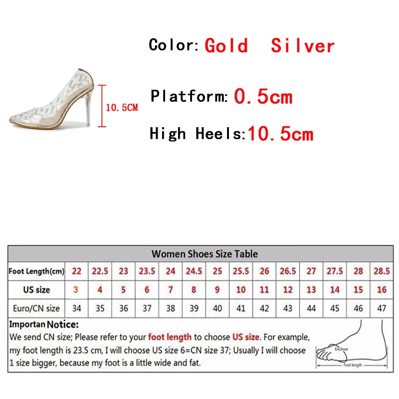 Fashion Rhinestones PVC Transparent Women Pumps Sandals Gold Sexy Pointed Toe Clear High Heels Stilettos Wedding Stripper Shoes