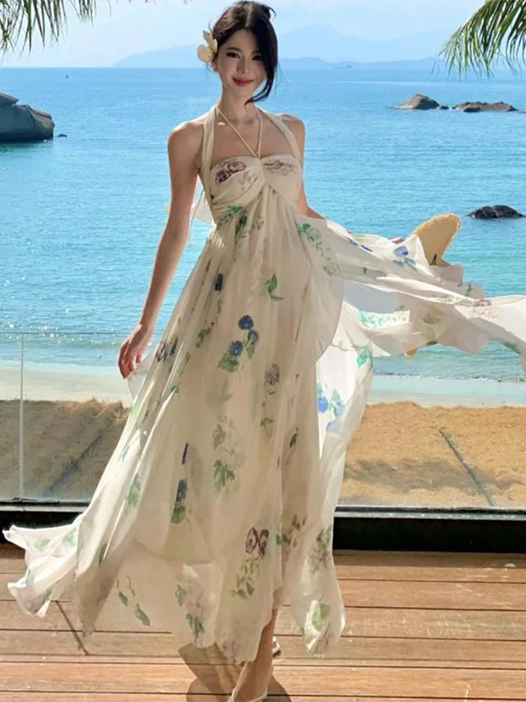Sommerliches, florales, schickes, rückenfreies, sexy Neckholder-Kleid für Damen – elegantes, lässiges Strandkleid 2026 im koreanischen Bodycon-Stil, luxuriöses Abendkleid