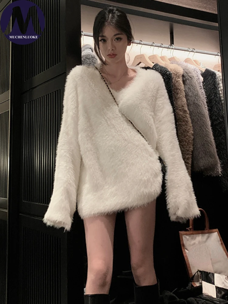 

Women's Elegant Imitation Mink Velvet V Neck Knitted Sweaters, Casual Loose Pullovers, Autumn and Winter Tops, New Fashion, 2023