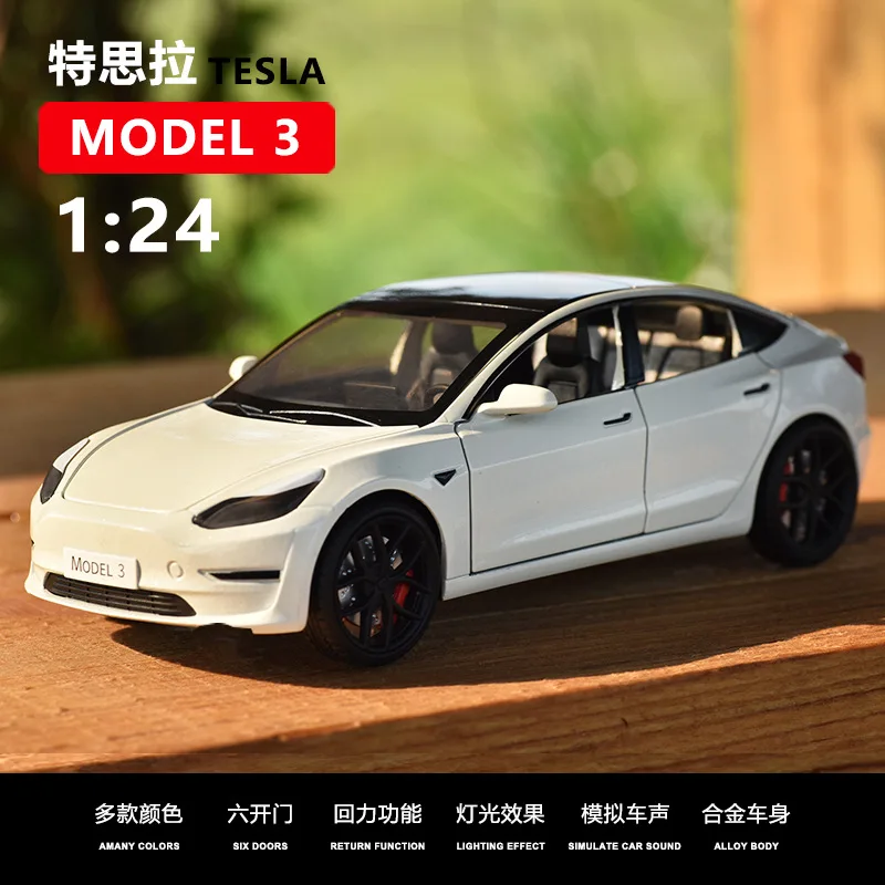 

1:24 TESLA Model 3 с зарядным ворсом, Литые металлические автомобили, модель со звуком, детские игрушки, коллекция подарков C190