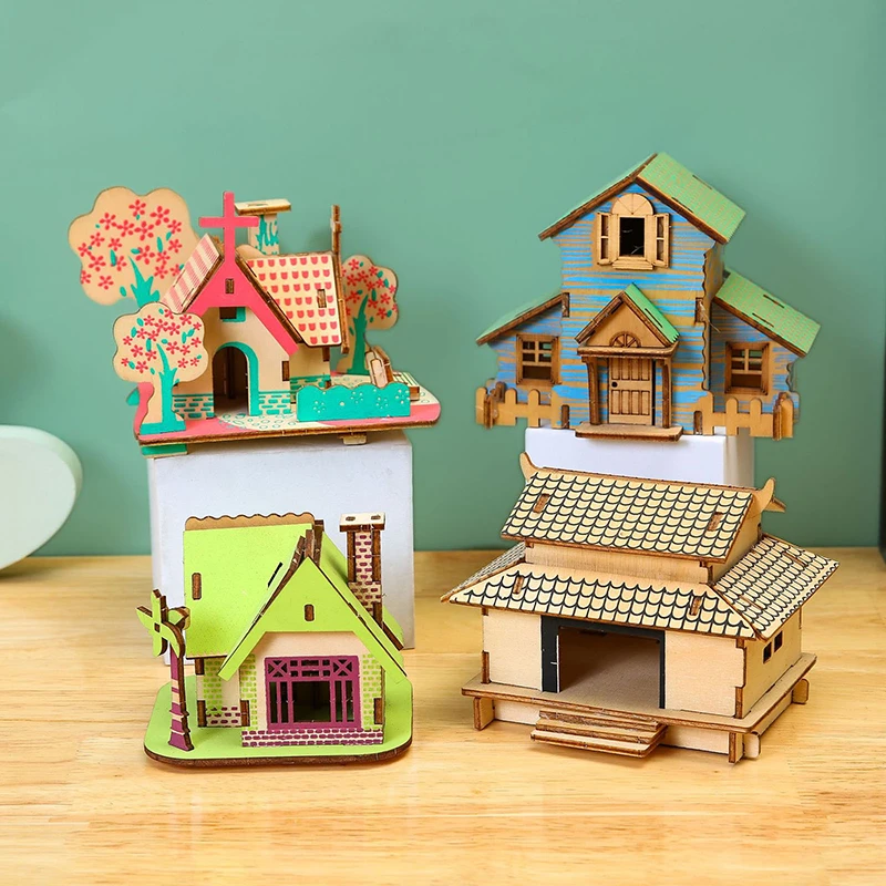 1 ชุด Handmade เครื่องบินชนบท Cottage ธีม 3D ปริศนาไม้รถ Series อาคาร DIY การศึกษาจําลองของเล่น