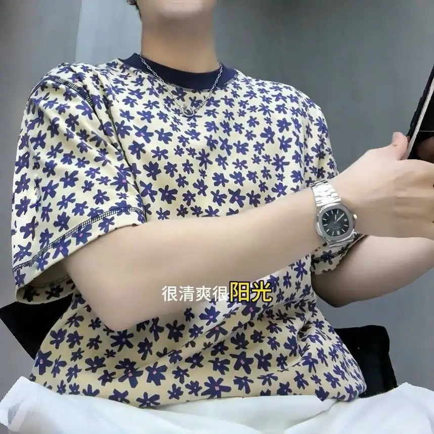 Men's Floral Print Short Sleeve T Shirt Casual Round Neck Breathable Cotton Blend Tee for Summer