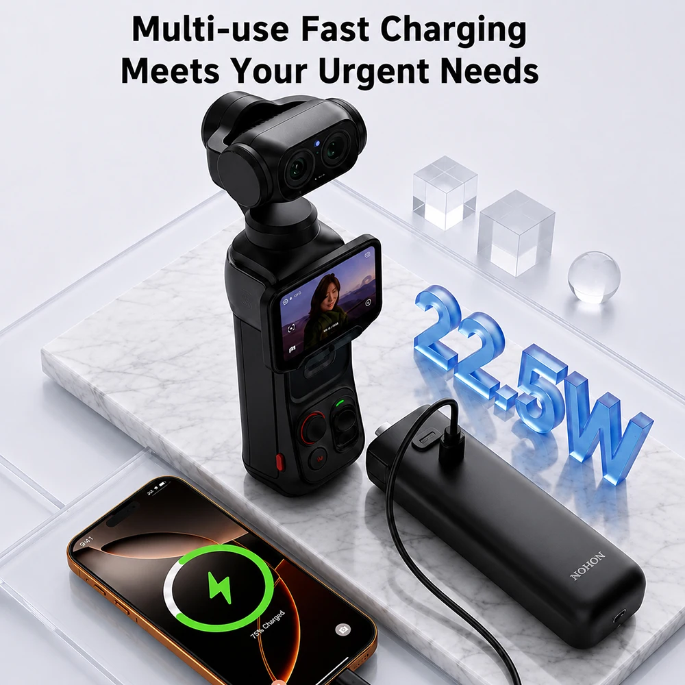 NOHON 5000/10000mAh Battery Handle for Insta360 Luna Ultra 22.5W Fast Charging Type-C Power Grip Portable Camera Accessory