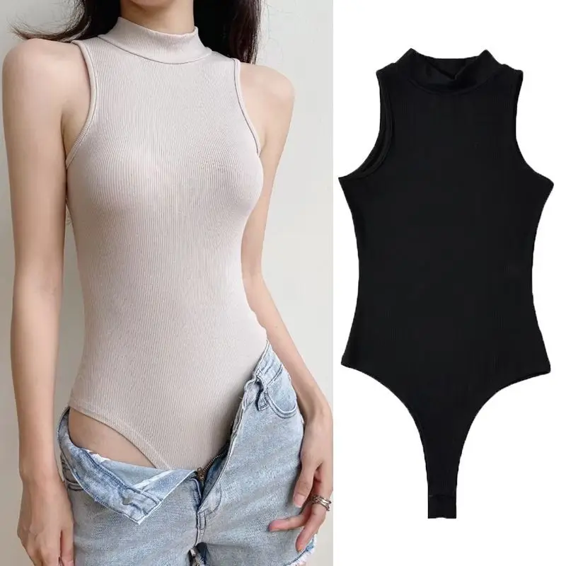 

Sexy Mockneck Bodysuit Sleeveless Slim Fit Tank Bodysuit Casual Versatile Stretch Bodysuit European Chic Slim One-Piece